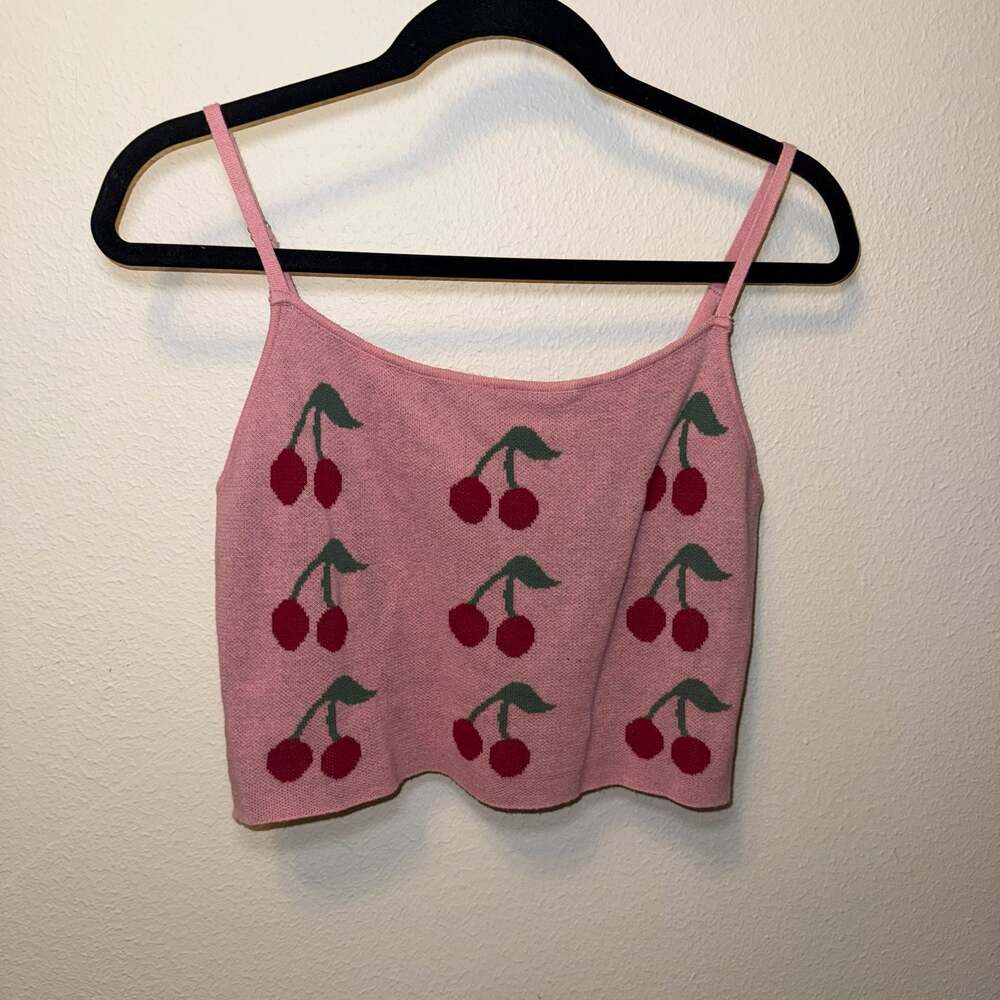 Stella Dallas Pink Cherry Knit Crop Cami Tank coquette Y2K